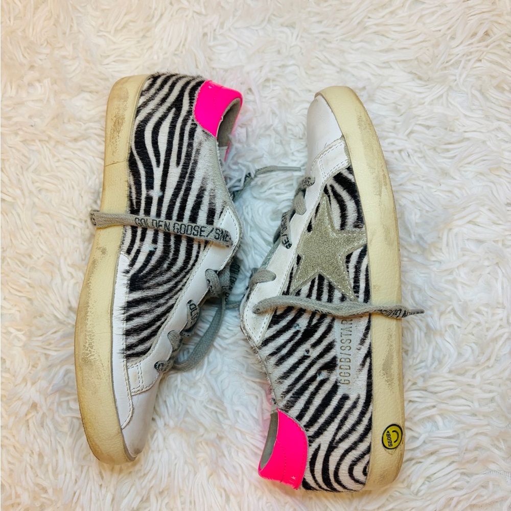 Golden Goose Zebra-Print Low-Top Sneakers with Neon Pink Heel